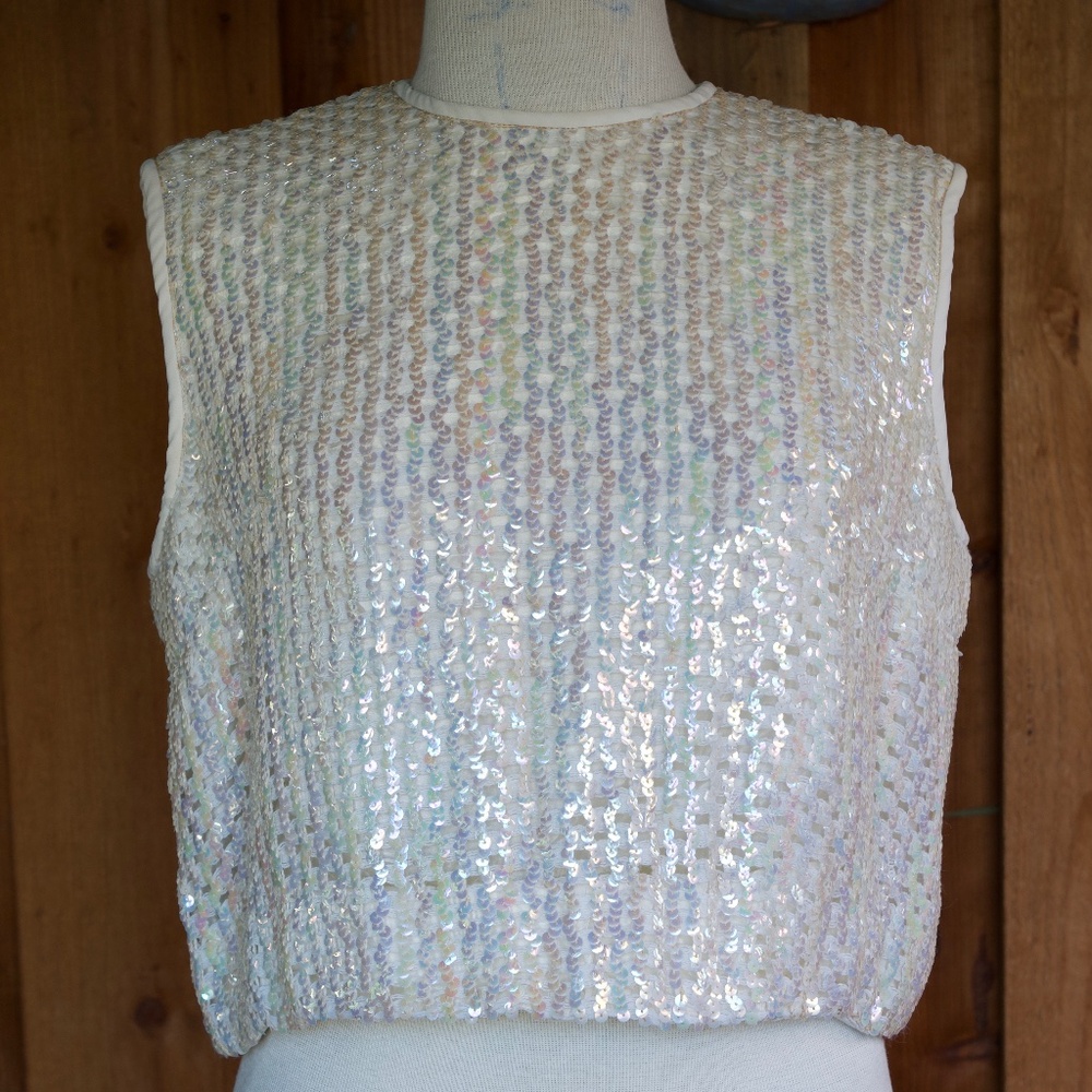 Vintage 60's Sherbet Originals Rainbow Sequin Sleeveless Cropped Top Woman's M/L